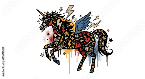 Colorful artistic unicorn illustration with vibrant details and design