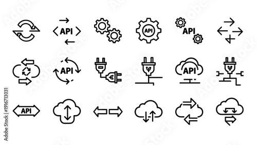 Set of icons representing API technology and cloud computing services.