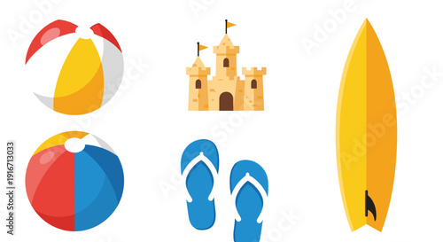 Collection of summer beach items including beach ball sandals and surfboard