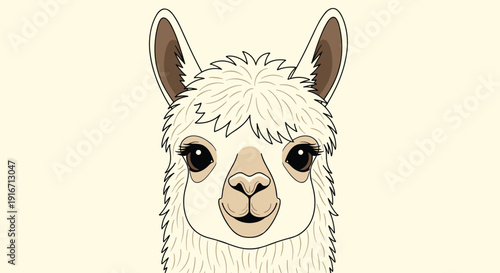 Friendly looking llama face with large expressive eyes and fluffy white wool depicted in a clean vector portrait style.