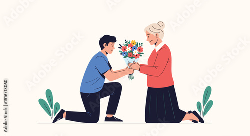 Touching scene of a young boy kneeling and giving a colorful bouquet of flowers to his happy grandmother in a field.