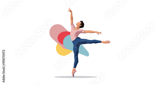 Athletic male ballet dancer performing a graceful jump pose with colorful abstract shapes in the background for art.