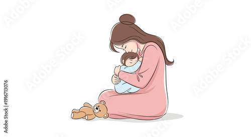 Heartwarming illustration of a mother sitting on the floor and tenderly hugging her sleeping baby next to a teddy bear.