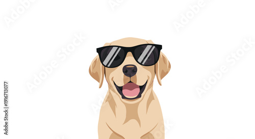 Cheerful golden retriever dog wearing stylish black sunglasses and smiling with tongue out for a cool summer vibe.