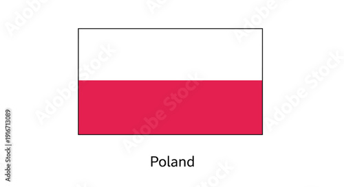 Simple rectangular national flag of Poland featuring the horizontal white and red stripes with the name written below.