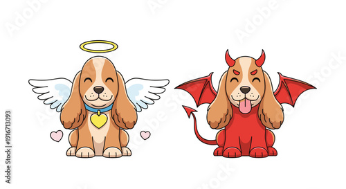 Two long eared dogs dressed as an angel with wings and a halo and a devil with horns and a tail sitting side by side.