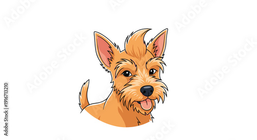 Close up portrait of a scruffy brown terrier puppy with a small tuft of hair on its head and its tongue sticking out.