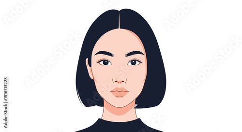Minimalist vector portrait of a young Asian woman with short black hair and neutral expression on a plain white background.