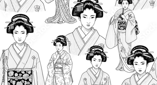 Group of traditional japanese women wearing kimonos and hairstyles