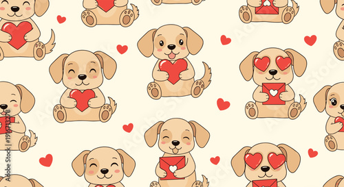Sweet seamless pattern of cute puppies holding red hearts and envelopes with hearts scattered around on a light background.