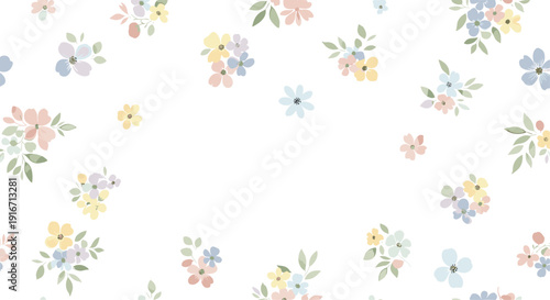 Delicate seamless pattern featuring tiny pastel colored flowers scattered randomly on a clean white background for textiles.
