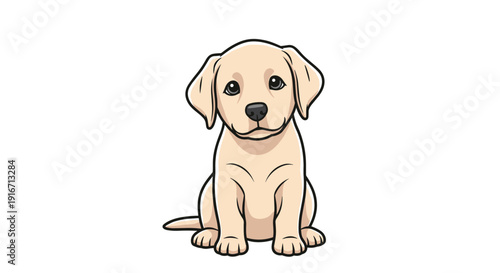 Adorable yellow Labrador retriever puppy sitting calmly and looking directly forward with innocent brown eyes and large ears.
