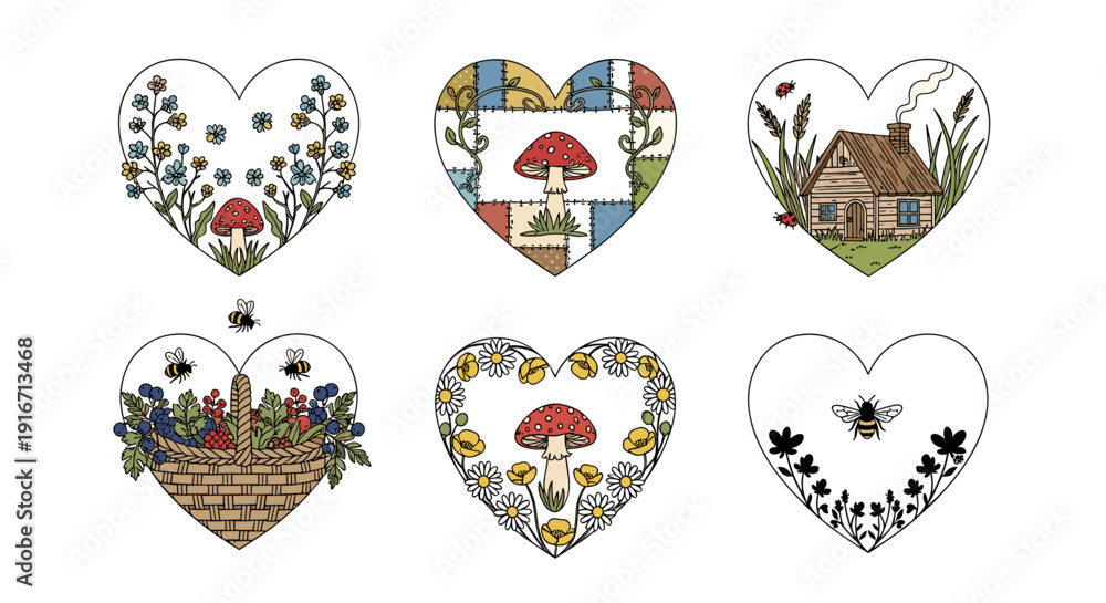 Fototapeta premium Collection of six embroidered heart and nature themed patches
