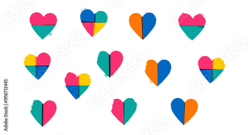 Collection of colorful heart icons with rainbow and solid designs