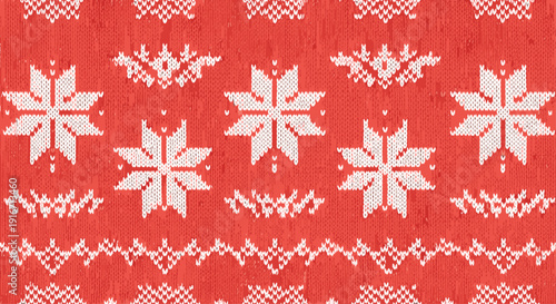Traditional red and white christmas knitted sweater pattern with snowflakes and decorative ornaments in a seamless festive winter textile design.