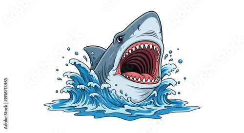 Powerful great white shark jumping out of the ocean with its mouth wide open showing sharp teeth and splashing water in a dynamic cartoon style.
