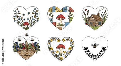 Collection of six embroidered heart and nature themed patches