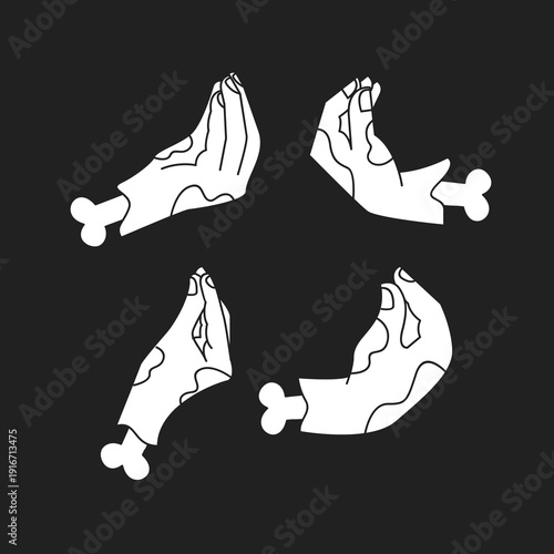 Zombie Hands Making Italian Gesture Set. Four Spooky Dismembered Arm Parts with Bones on Dark Background for Halloween Horror Design