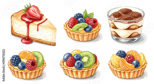 Collection of delicious desserts including cake tarts and parfaits