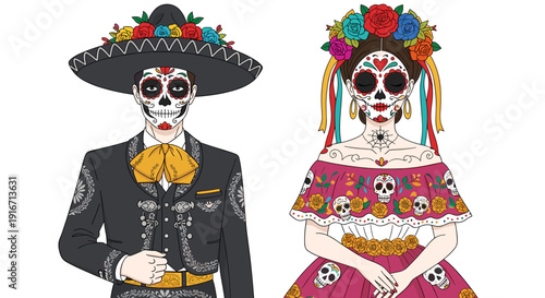 Colorful day of the dead skeletons dressed in traditional costumes