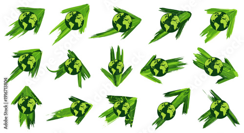 Collection of green gardening gloves in various positions