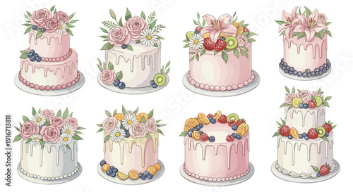Collection of eight elegant floral decorated birthday cakes with pastel colors