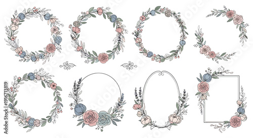 Set of floral wreaths and frames with roses and greenery for decoration