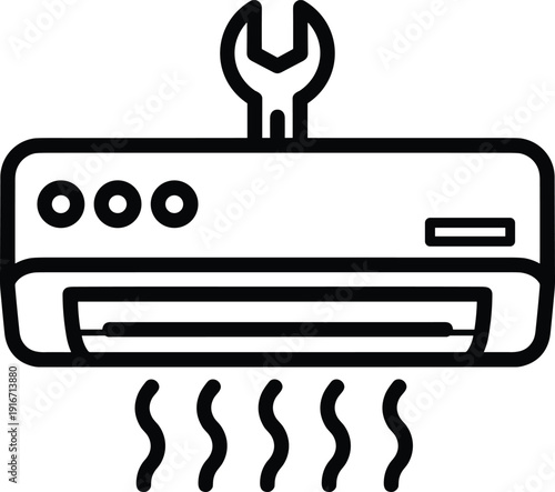 Air conditioner unit with a wrench on top, indicating maintenance or repair, emitting cold air waves