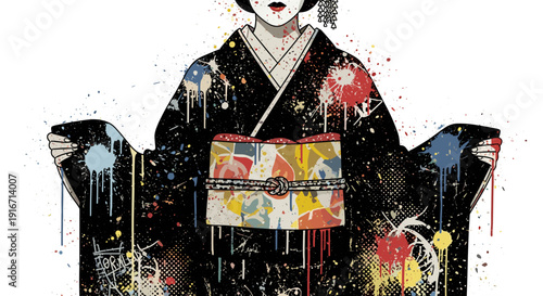 Traditional japanese kimono worn by woman with floral patterns and obi