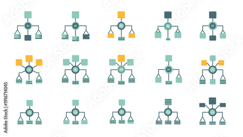 Set of organizational chart icons in flat design style.