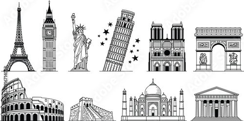 Famous world landmarks outline collection including Eiffel Tower and Colosseum, travel architecture vector illustration set