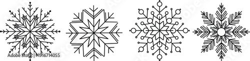 Geometric snowflake line art set, winter crystal ornaments, black outline vector illustration, christmas frost decorative mandala design