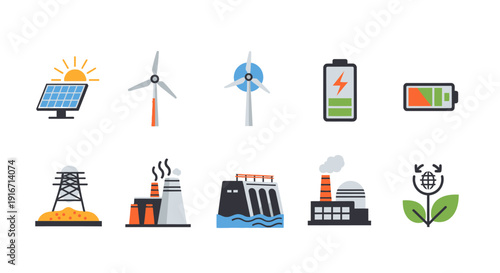 Set of renewable energy and industrial power icons.