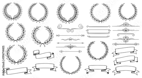 Collection of decorative wreaths and garlands for festive design