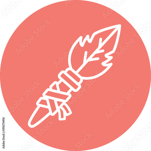 Prehistoric spear weapon with leaf shaped head bound with rope vector line icon on coral background