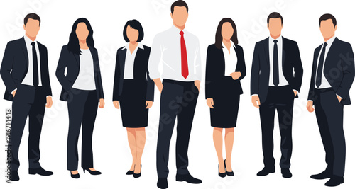 Diverse group of professional men and women in formal business suits and executive attire standing together, flat vector illustration