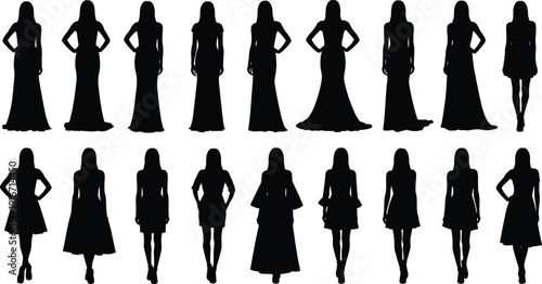 Elegant women silhouettes in various dresses, female fashion model poses vector illustration collection isolated set