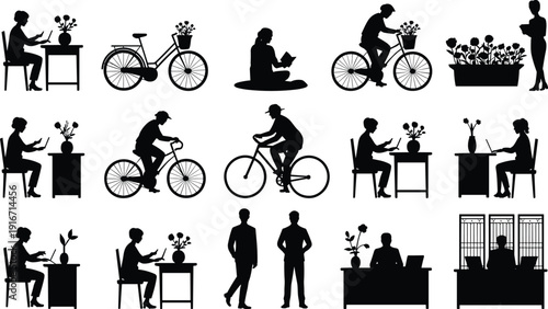 People lifestyle silhouettes, cycling, reading, working, planting flowers, cafe dining scenes, black vector human daily activities illustration set