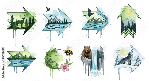 Collection of colorful mountain and nature landscape illustrations