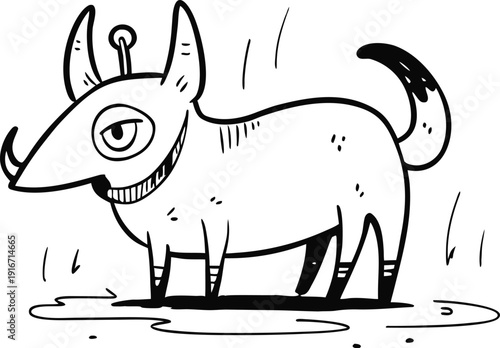 black and white cartoon creature with horn single eye and antenna standing on ground in whimsical illustration
