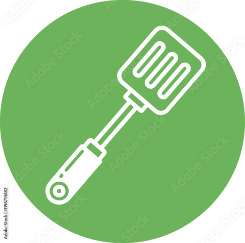 Kitchen spatula tool for flipping food in pan with handle and slotted blade for professional cooking equipment set