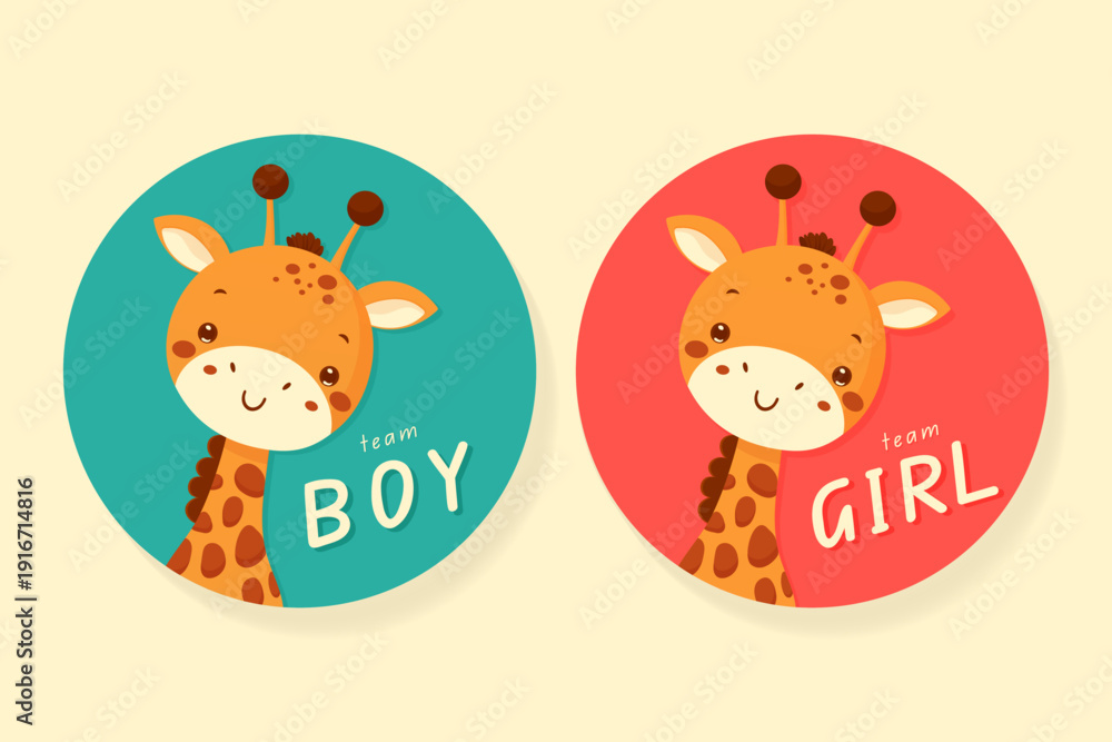 Fototapeta premium Gender reveal party sticker set with cute giraffe for team boy and team girl vector illustration.