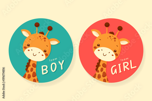 Gender reveal party sticker set with cute giraffe for team boy and team girl vector illustration.