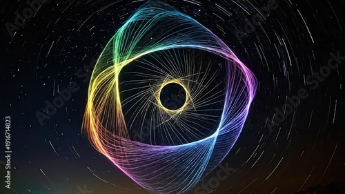 Abstract colorful light trails forming a geometric shape against a starry night background.