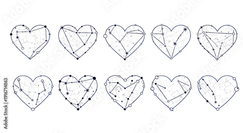 Set of handdrawn heart sketches with dotted and dashed lines
