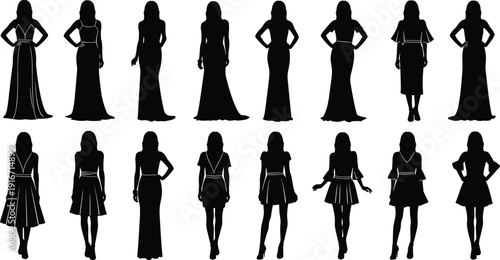 Women silhouette collection in elegant dresses, female fashion models vector illustration set isolated on white background