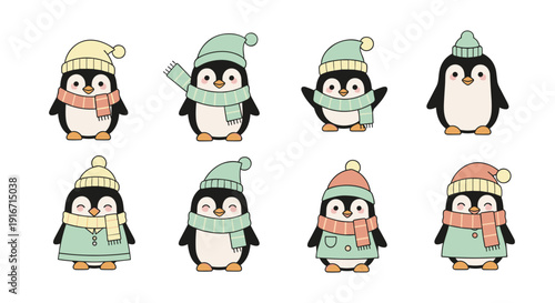 Collection of cute penguins wearing winter hats and scarves