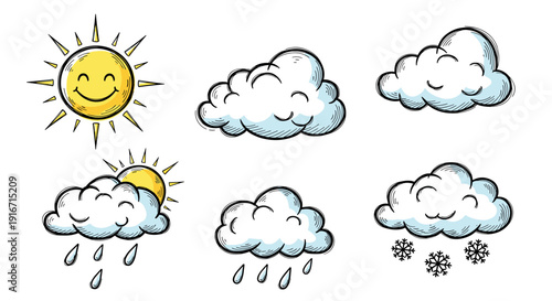 Collection of weather icons depicting sun clouds rain and snow