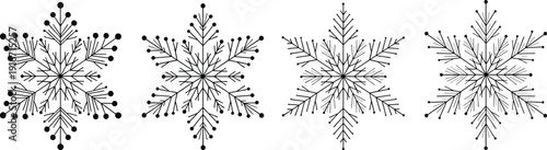 Decorative snowflake line art collection, winter crystal ornaments, black outline vector illustration, christmas frost floral mandala design set holiday pack