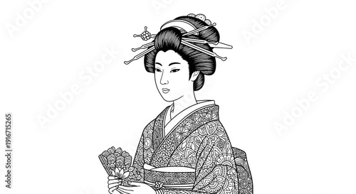 Elegant traditional japanese woman in kimono holding fan
